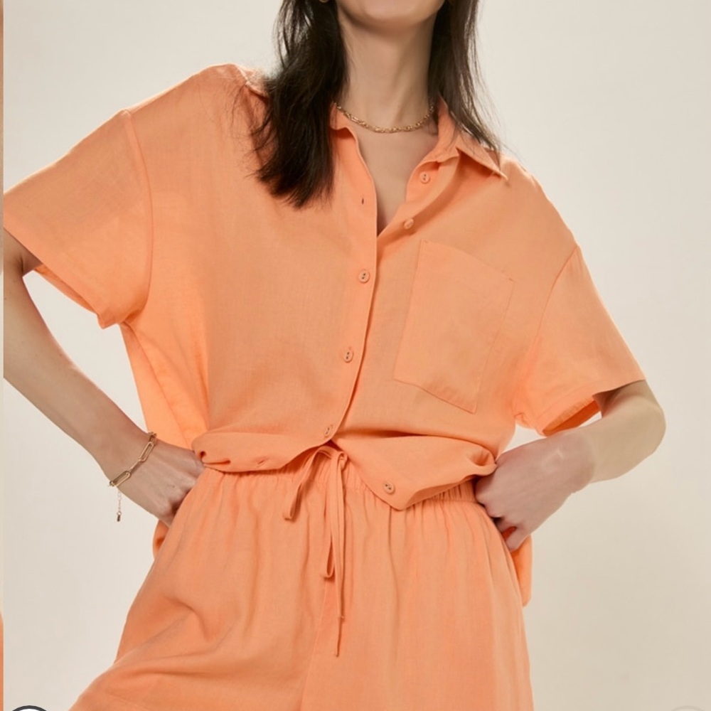 Francesca's Collections Orange Button Down Shirt & Shorts Outfit Linen Blend